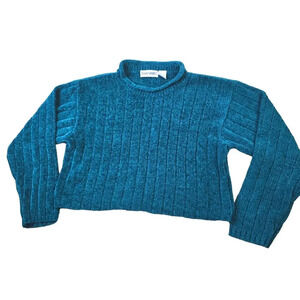 Vintage Y2K Cropped Knit Sweater Women's Small Teal Blue DIY Cut Off Crop
